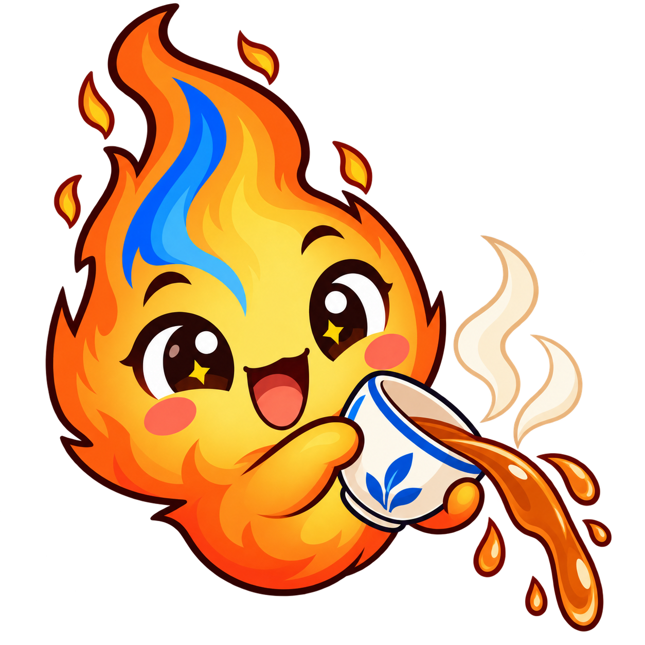 Lux, a smiling cartoon flame with a blue streak, spilling a cup of tea